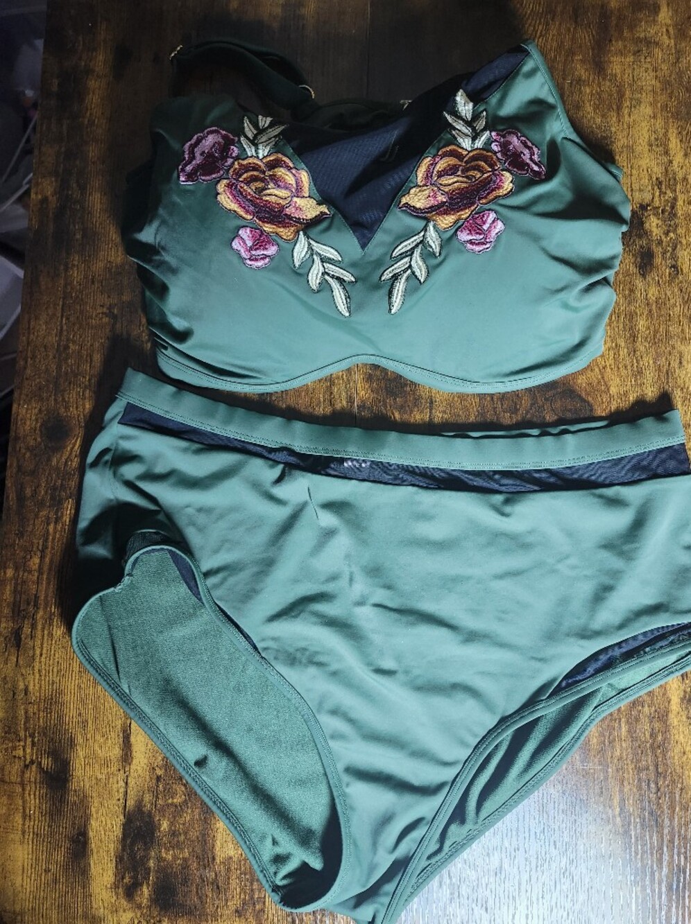 Emerald Floral Embroidered High-Waist Bikini Set - Women Swim Bikinis